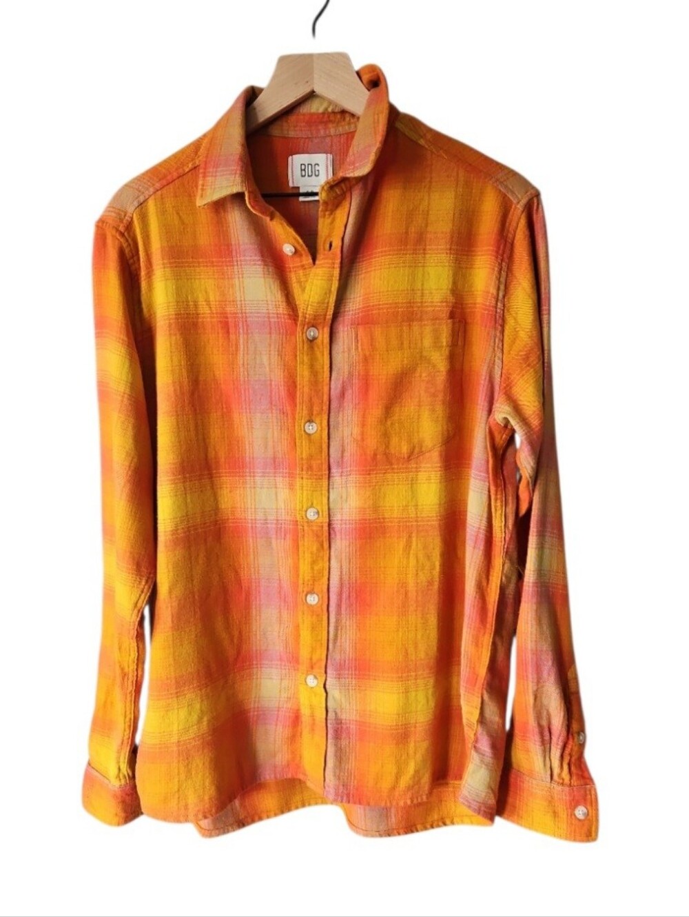 BDG Men's Orange Plaid Flannel Button-Up Shirt Suze Small
